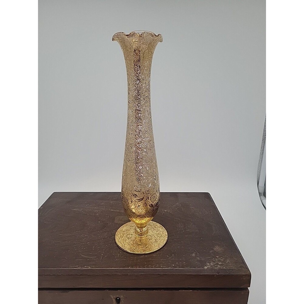 Vtg Lotus Glass Co Hollywood Regency Gold Overlay Glass Vase Embossed 10" Floral